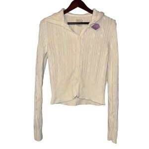 Vtg 90s Livin Cable Knit Hooded Cardigan Ivory Womens L Cozy Button Knit Cropped